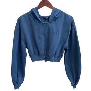 For Love and Lemons Josie Cropped Hooded Sweatshirt Blue Sz XS Athleisure Gym